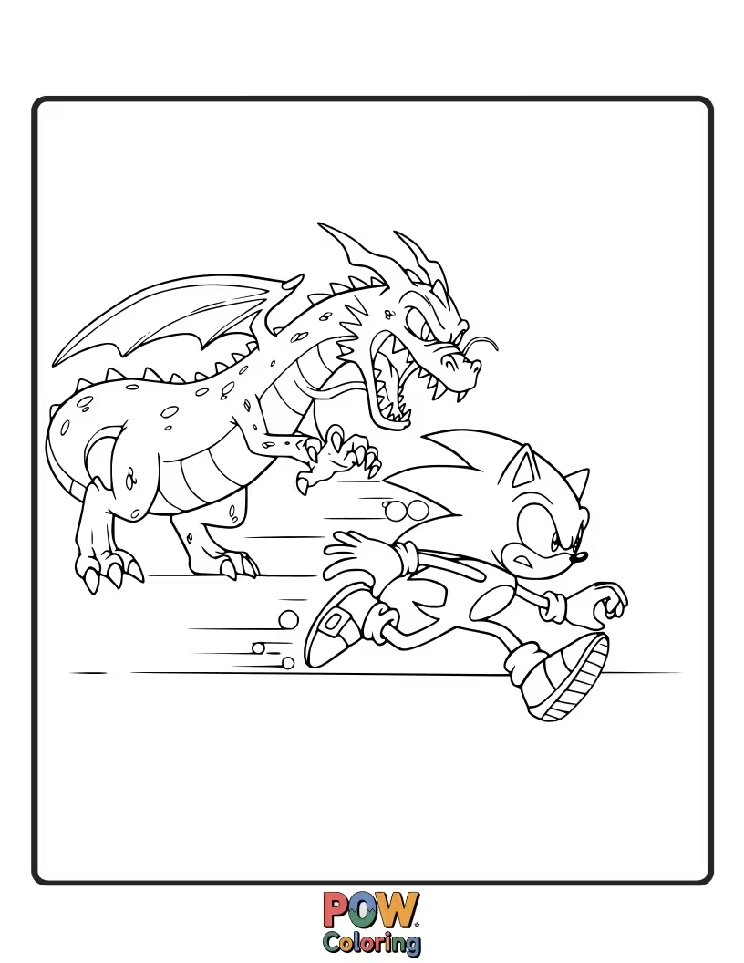 Free coloring page of Sonic evading a mythical dragon. High fantasy adventure for vibrant colors.
