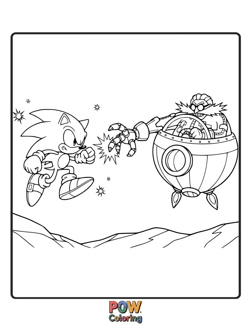 Free coloring page of Sonic confronts his arch-nemesis, Dr. Eggman. An epic showdown for brave colorists.