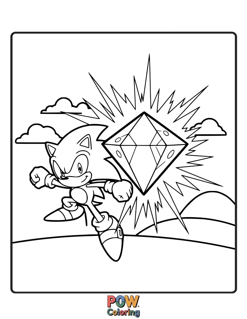 Free coloring page of Close-up of Sonic holding a radiant Chaos Emerald. Focus on detail and shine.