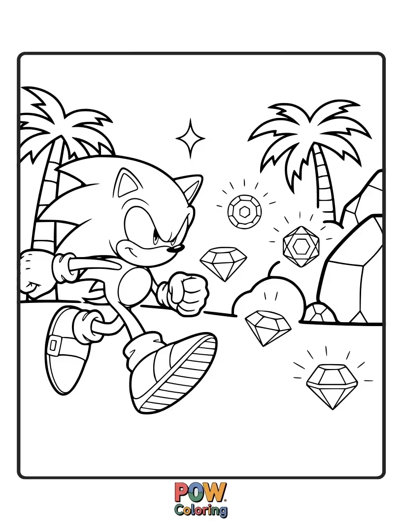 Free coloring page of Sonic and Tails search for powerful Chaos Emeralds. Exciting adventure for aspiring artists.
