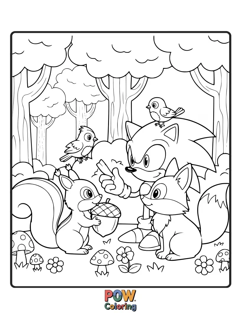 Free coloring page of Sonic with a friendly animal companion in the woods. Foster connection with nature.