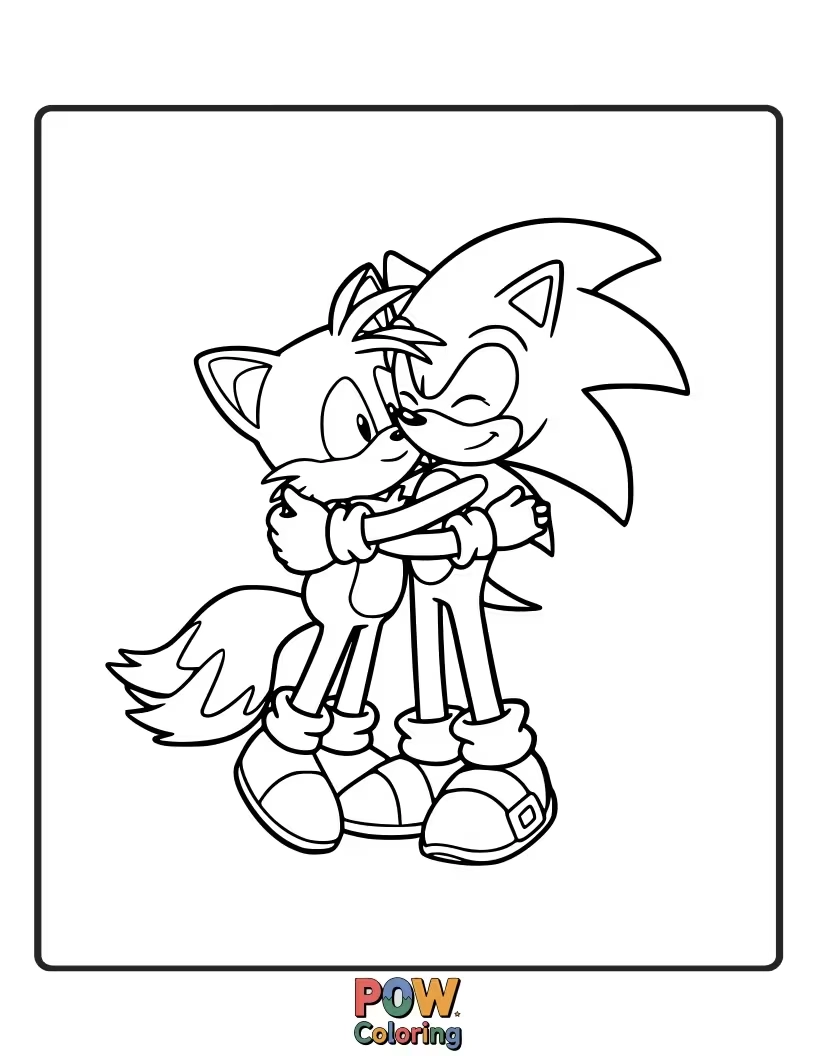 Free coloring page of Sonic and Tails sharing a friendly hug. Sweet and heartwarming for little artists.