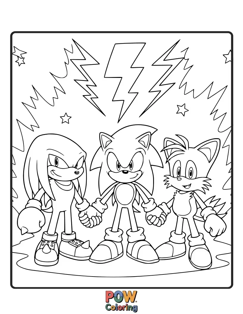 Free coloring page of Sonic and his friends united, showing their bond. Emphasize teamwork and togetherness.