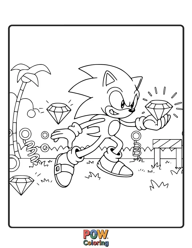 Free coloring page of Sonic collecting various colorful gems. Focus on sparkle and shine.