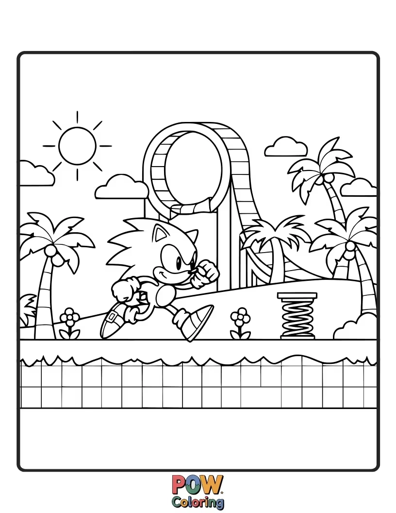 Free coloring page of Sonic running through the iconic Green Hill Zone. Vibrant landscape to bring to life.
