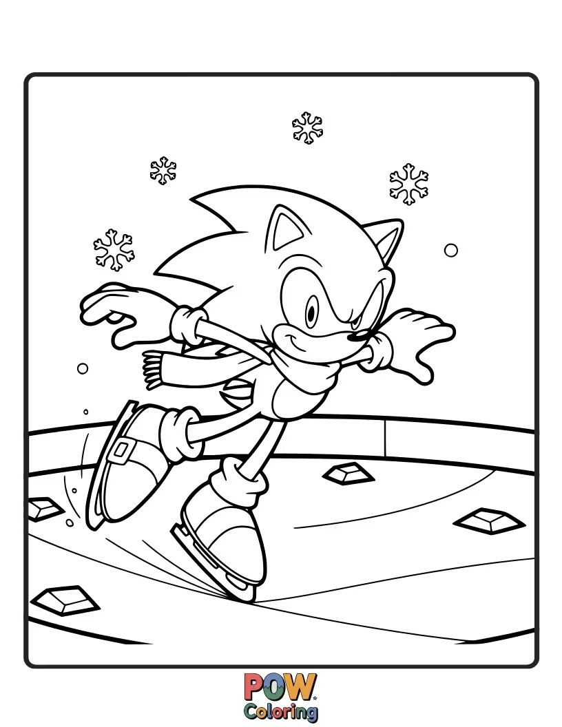 Free coloring page of Sonic sliding on an icy landscape. Cool and refreshing coloring fun.