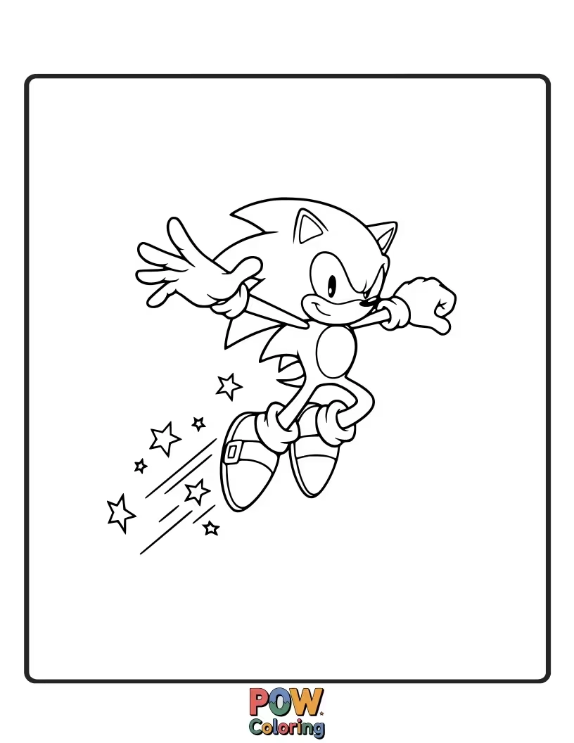 Free coloring page of Sonic soaring through the air in a mighty leap. Dynamic action for vibrant colors.