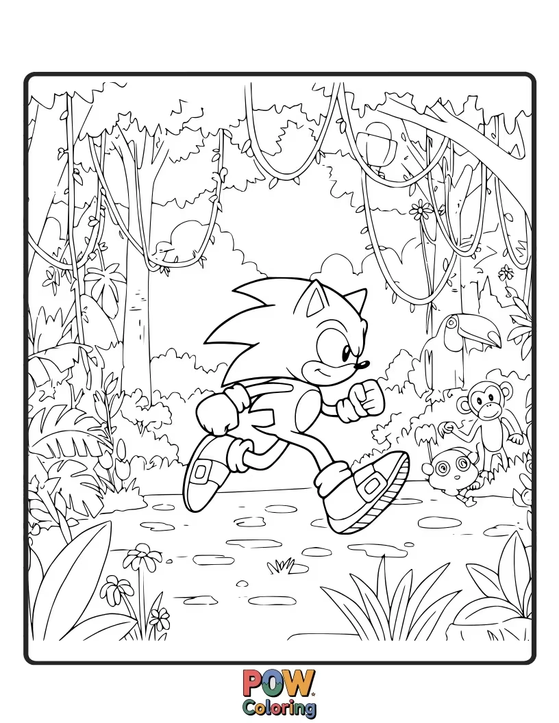 Free coloring page of Sonic swinging through a lush jungle. Exotic colors and vibrant greenery.