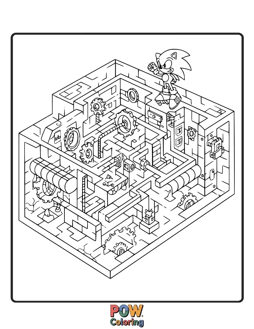 Free coloring page of Sonic navigating a complex mechanical maze. Focus on lines and shapes.