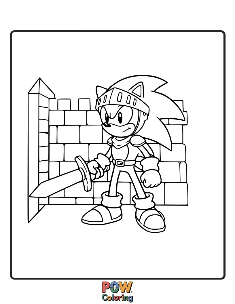 Free coloring page of Sonic in a medieval setting, perhaps with knights or castles. Epic fantasy coloring.