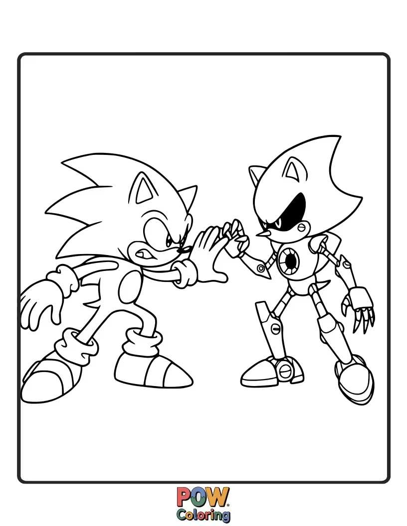 Free coloring page of Sonic facing his robotic counterpart, Metal Sonic. A duel of speed and strength.