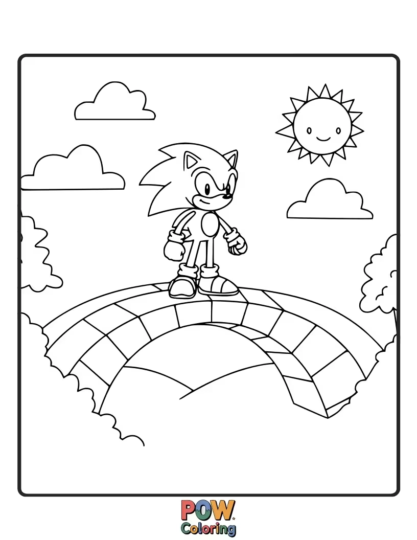 Free coloring page of Sonic running across a shimmering rainbow bridge. Magical and colorful.
