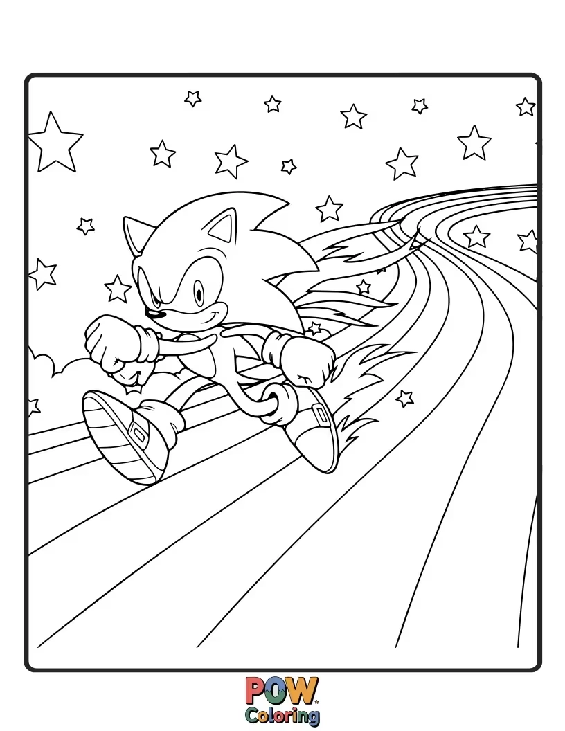 Free coloring page of Sonic racing on a vibrant rainbow path. Use all the colors of the spectrum.