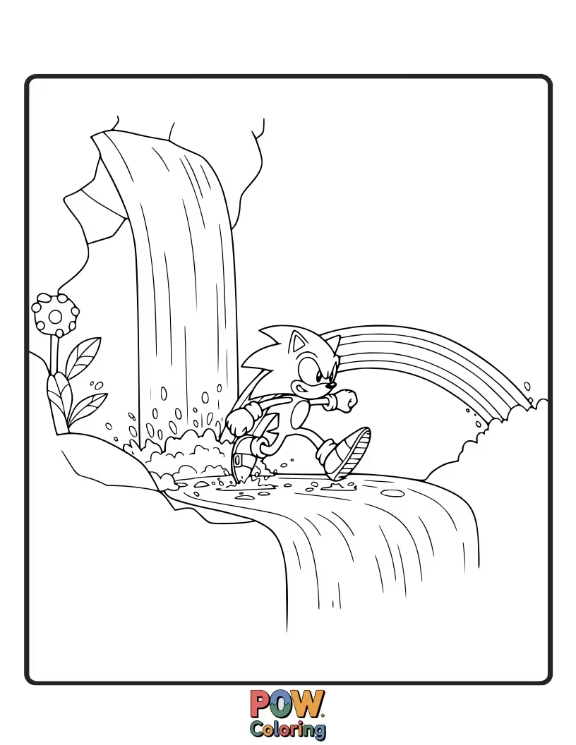 Free coloring page of Sonic running past a vibrant rainbow waterfall. Focus on liquid and color effects.