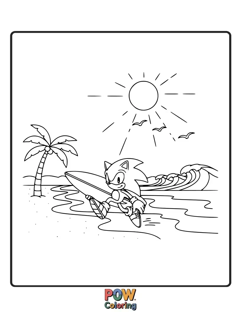 Free coloring page of Sonic relaxing on a beach with palm trees. A calm and sunny scene to paint.