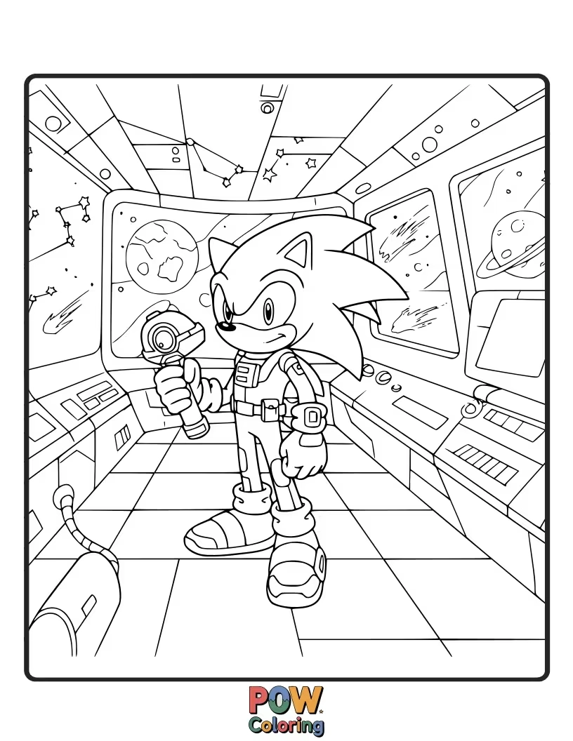 Free coloring page of Sonic venturing into outer space, possibly on a spaceship. Cosmic adventure.