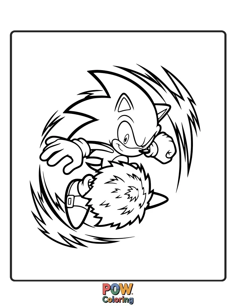 Free coloring page of Sonic curled into a ball, ready to spin and break obstacles. Dynamic pose to color.