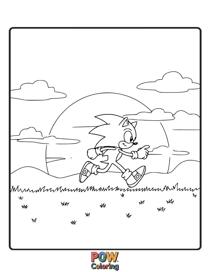 Free coloring page of Sonic running during a beautiful sunset. Warm and dramatic colors.
