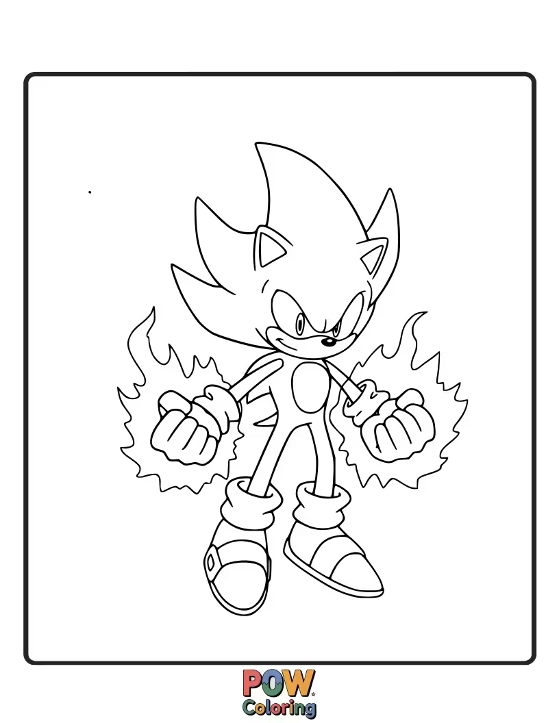 Free coloring page of Super Sonic glowing with power. Bright and dynamic for advanced colorists.
