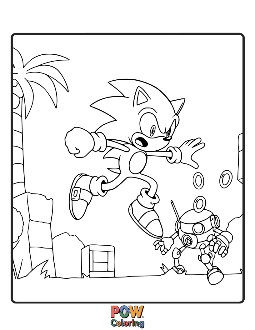 Free coloring page of Sonic appearing from behind an object, ready to pounce. Create suspense with color.