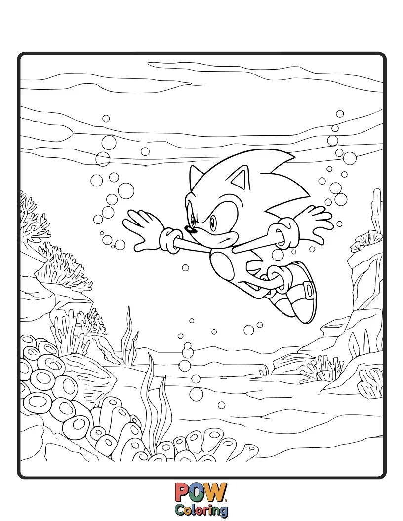 Free coloring page of Sonic exploring the depths of the ocean with marine life. Imaginative and fluid coloring.