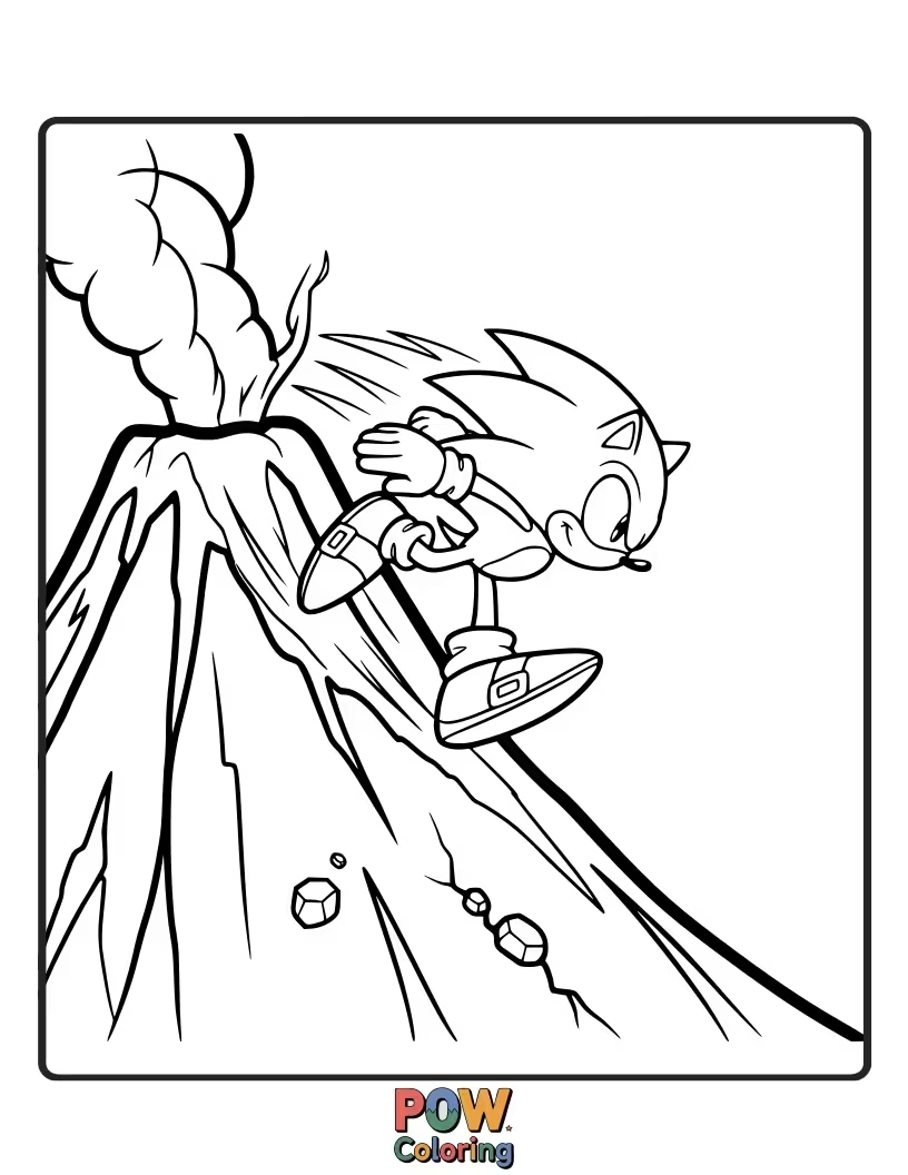 Free coloring page of Sonic running from a fiery volcano. Intense and exciting for bold color choices.