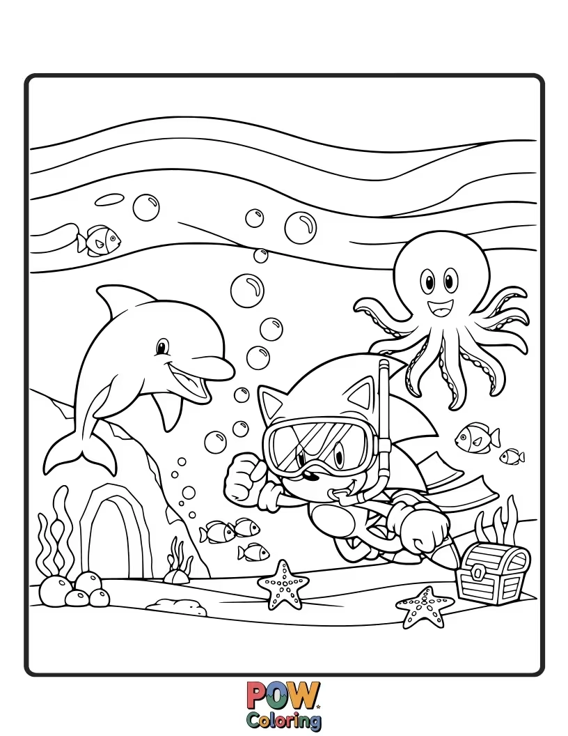 Free coloring page of Sonic swimming or exploring an aquatic environment. Explore different textures and colors.