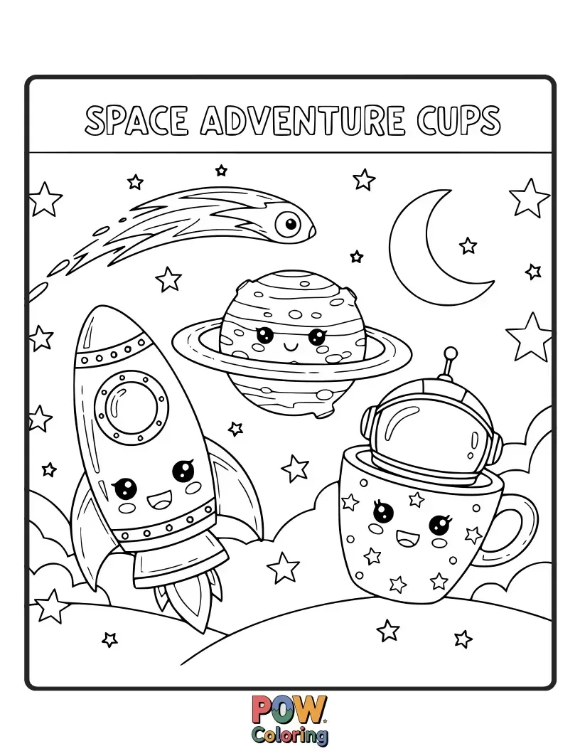 Free coloring page of Bold cups piloting rocket ships and exploring distant planets, leaving a trail of stardust.