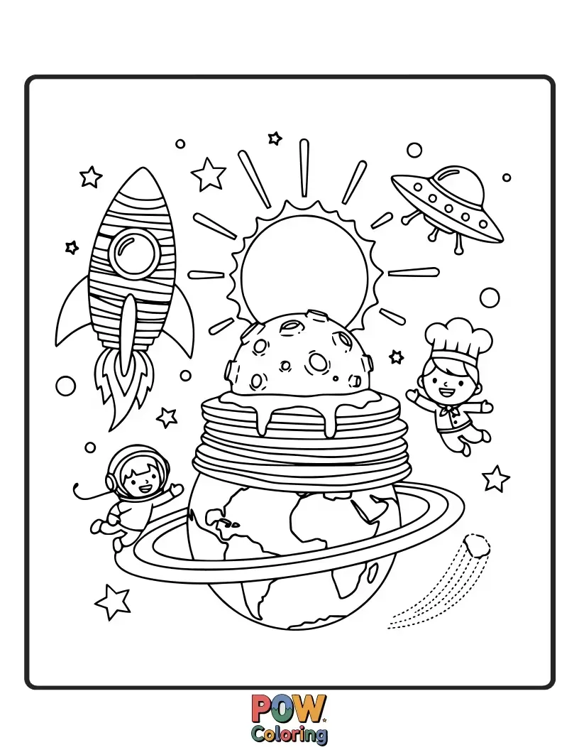 Free coloring page of Pancakes in the shape of planets and stars, floating in a cosmic scene with a rocket ship made of batter.