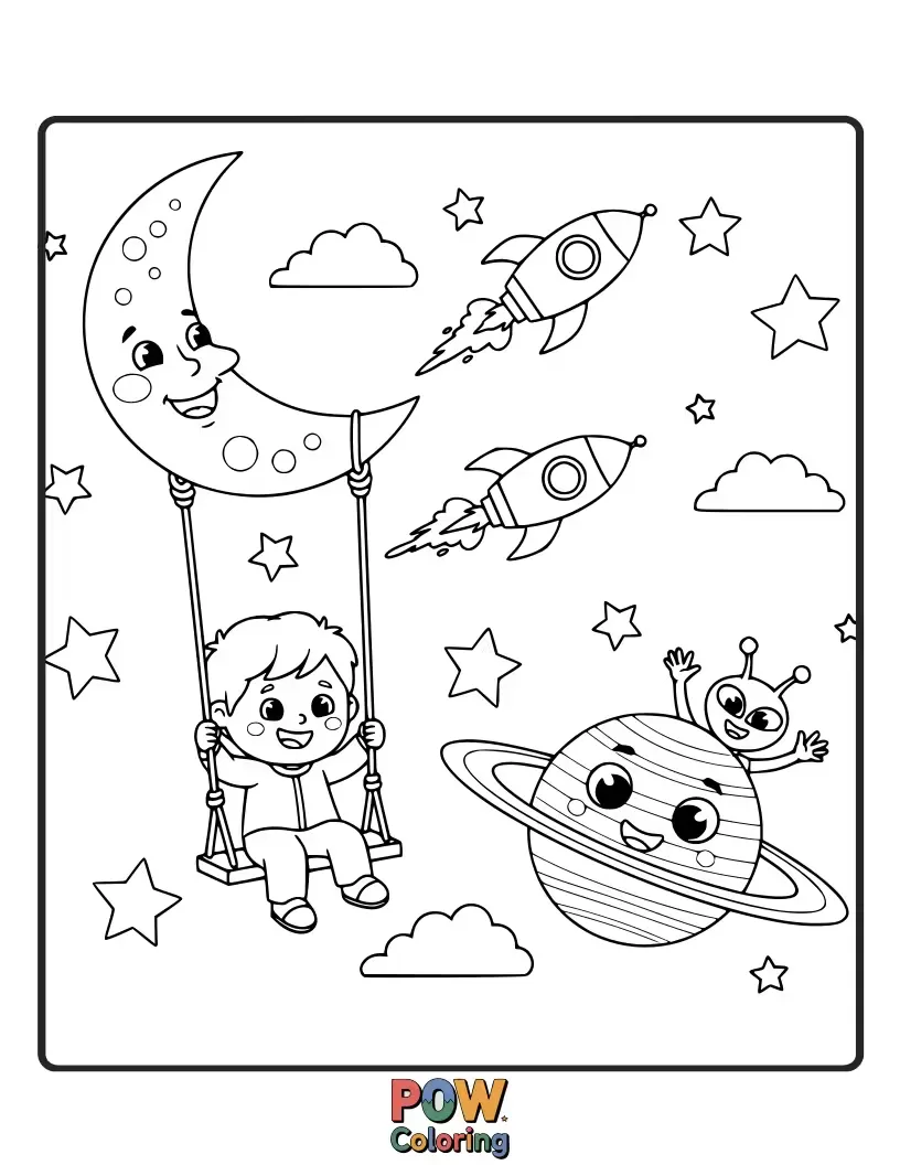 Free coloring page of A brave astronaut kiddo floats on a swing made of a spaceship, reaching for a smiling planet and sparkly stars.