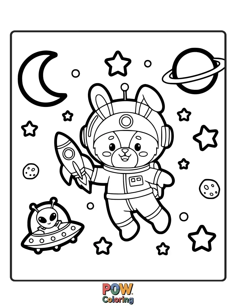 Free coloring page of A brave bunny in a tiny spacesuit explores a colorful planet, planting a carrot flag.