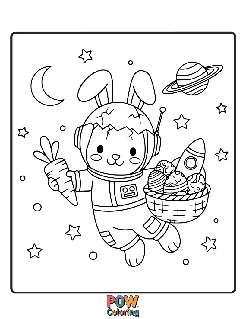 Free coloring page of An astronaut bunny floating in space, discovering an alien Easter egg with stars.