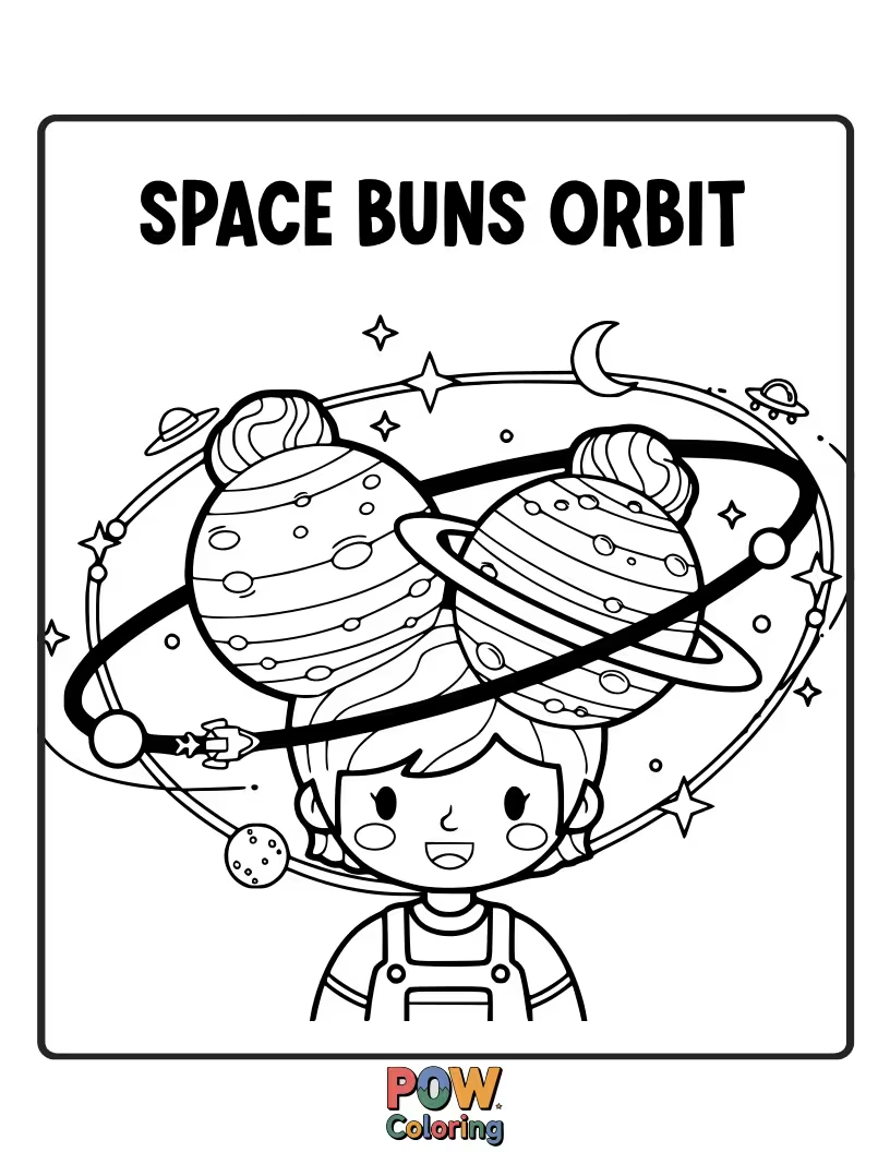 Free coloring page of Playful space buns designed to look like little planets in orbit.
