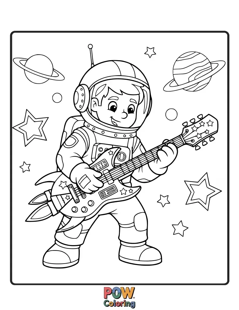 Free coloring page of An astronaut playing a guitar on the moon, surrounded by stars and planets.