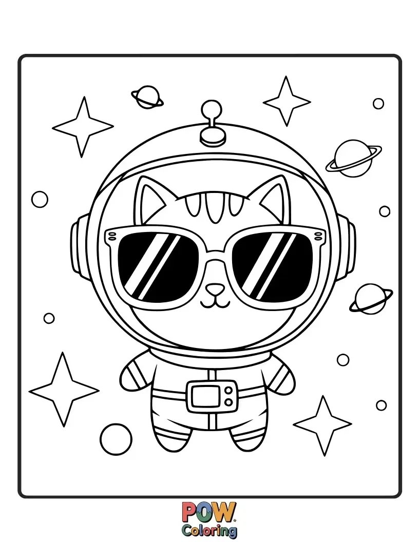 Free coloring page of A futuristic feline with cosmic sunglasses, exploring the galaxy with an adventurous spirit.