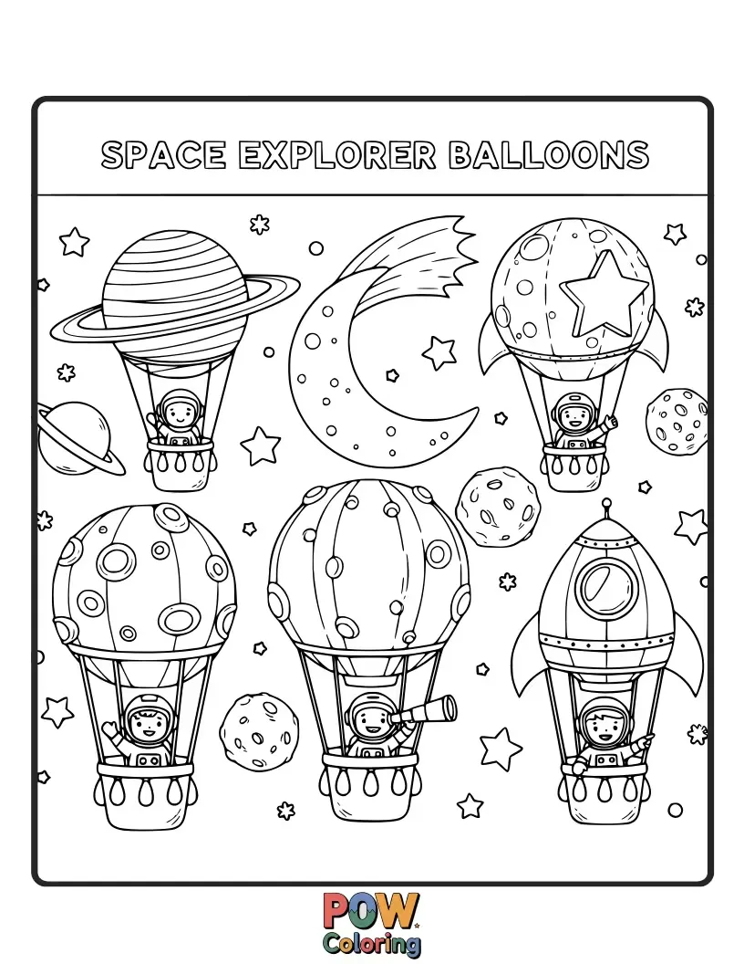 Free coloring page of Astronauts and aliens joyfully explore space in uniquely shaped hot air balloons, encountering friendly planets.