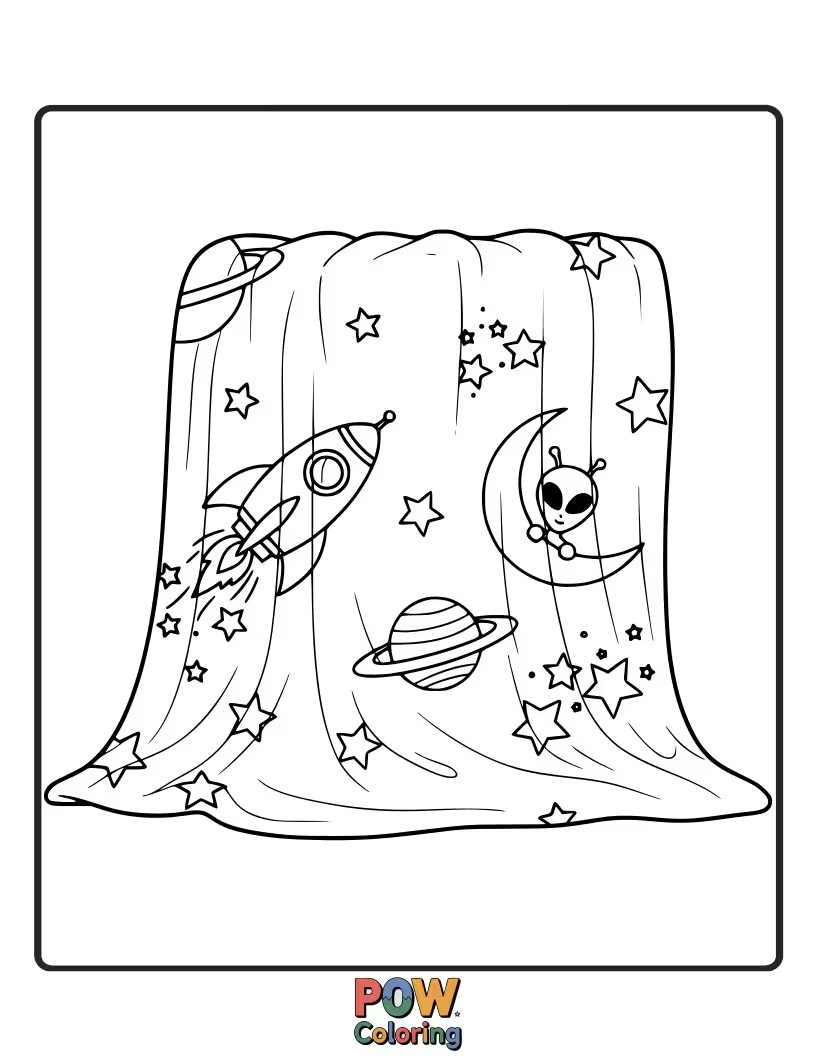 Free coloring page of A rocket ship and stars adorning a cosmic blanket.