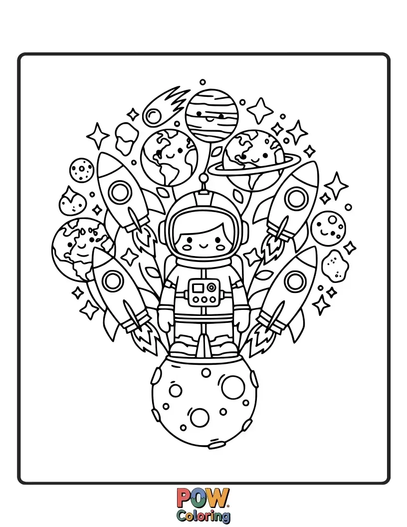 Free coloring page of Blast off with this bouquet of alien flowers and cosmic astronaut companions exploring.