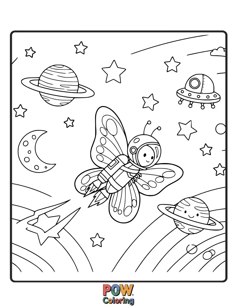 Free coloring page of This butterfly is an astronaut, floating among stars and planets with its cosmic, starry wings. To infinity!