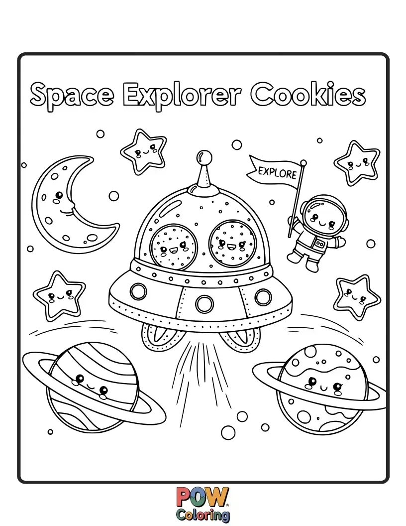 Free coloring page of Funny cookies styled as astronauts, rockets, and planets, ready for an intergalactic coloring adventure. Blast off with color!