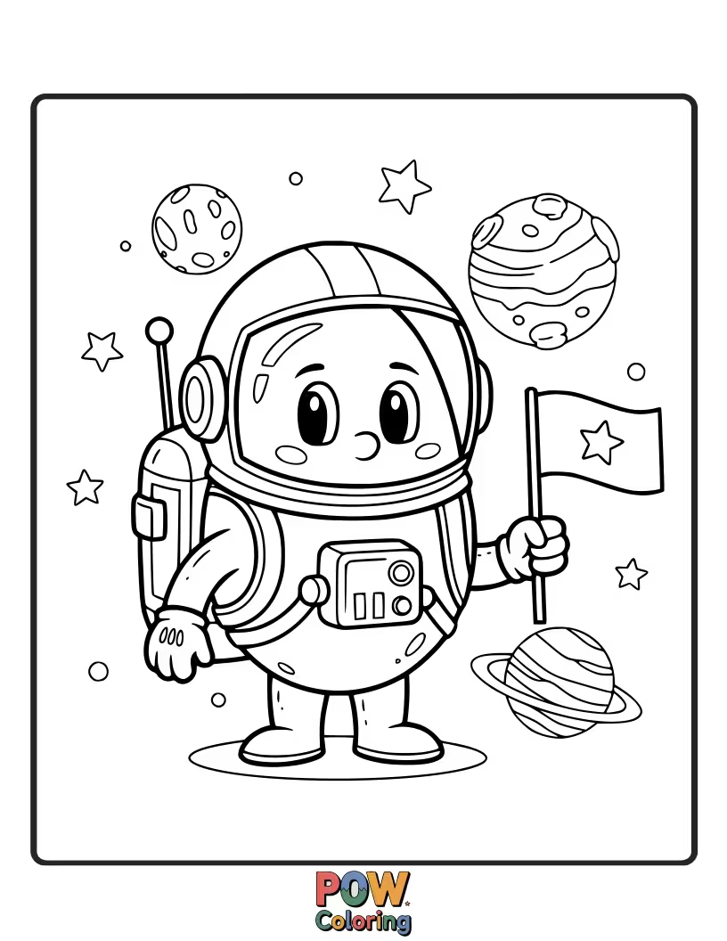 Free coloring page of An egg wearing a tiny astronaut helmet, floating amongst stars and planets, ready to embark on an interstellar coloring mission.