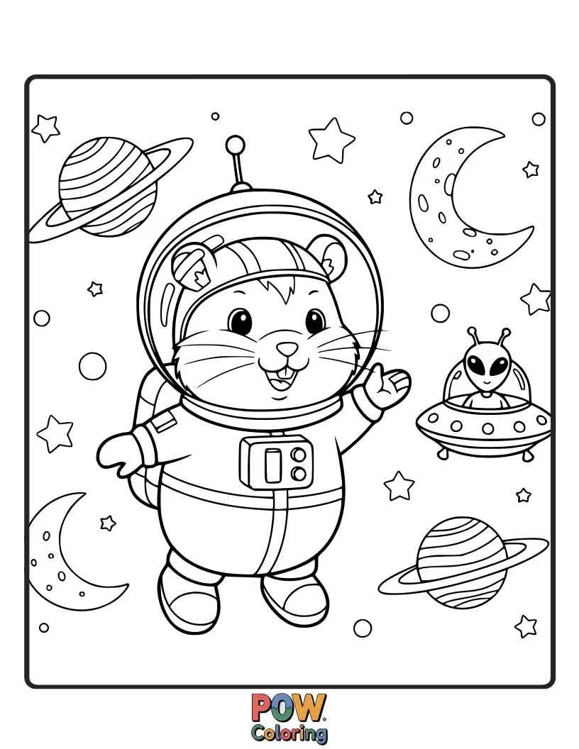 Free coloring page of A brave hamster in a tiny astronaut helmet, floating amongst stars and planets in outer space, holding a tiny rocket.