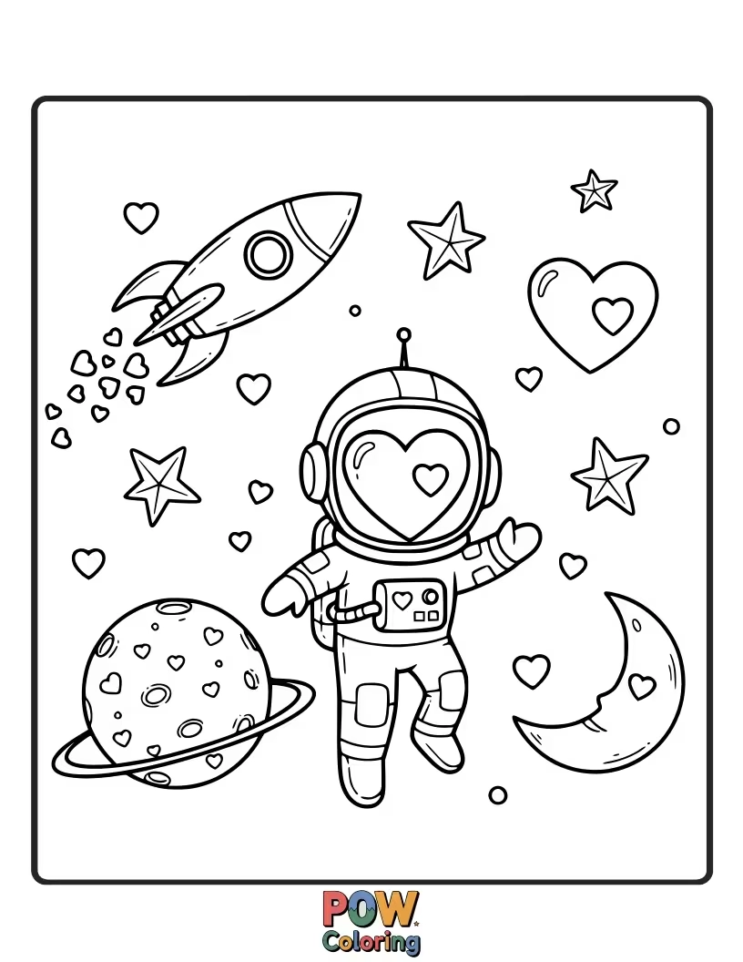 Free coloring page of Hearts adorned with planets and stars, with a cute rocket ship flying by. Cosmic adventure awaits!