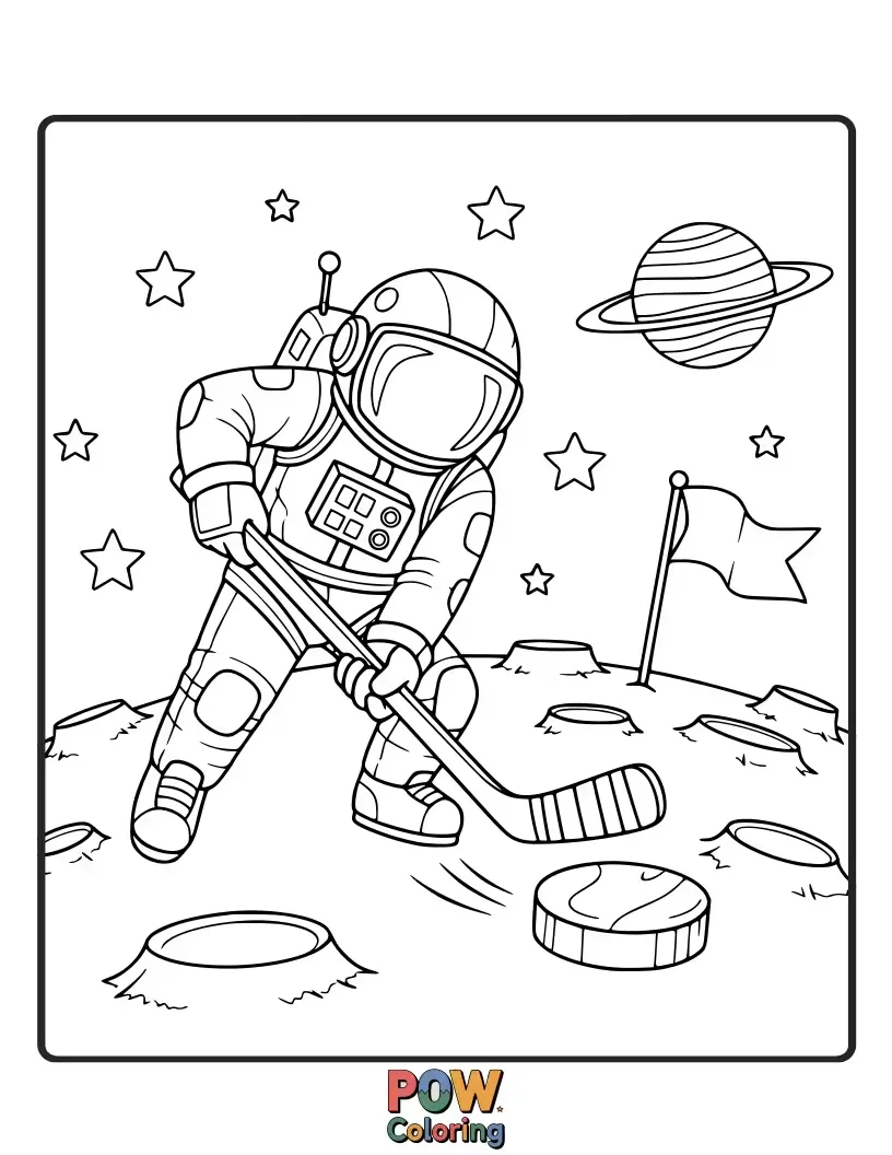 Free coloring page of An astronaut in a bulky suit awkwardly trying to play hockey on the moon, with Earth visible in the background. Stellar sports!