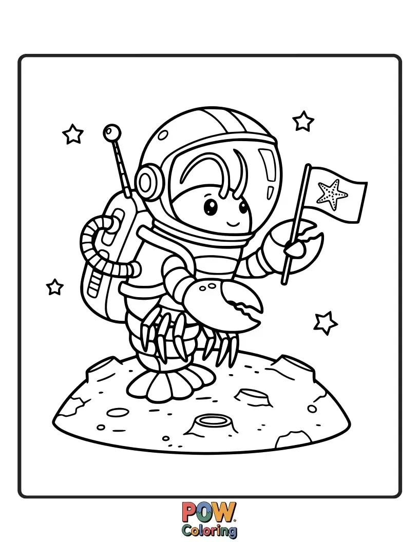 Free coloring page of A brave lobster in a bubble helmet, floating amongst stars and planets, on an exciting cosmic adventure.