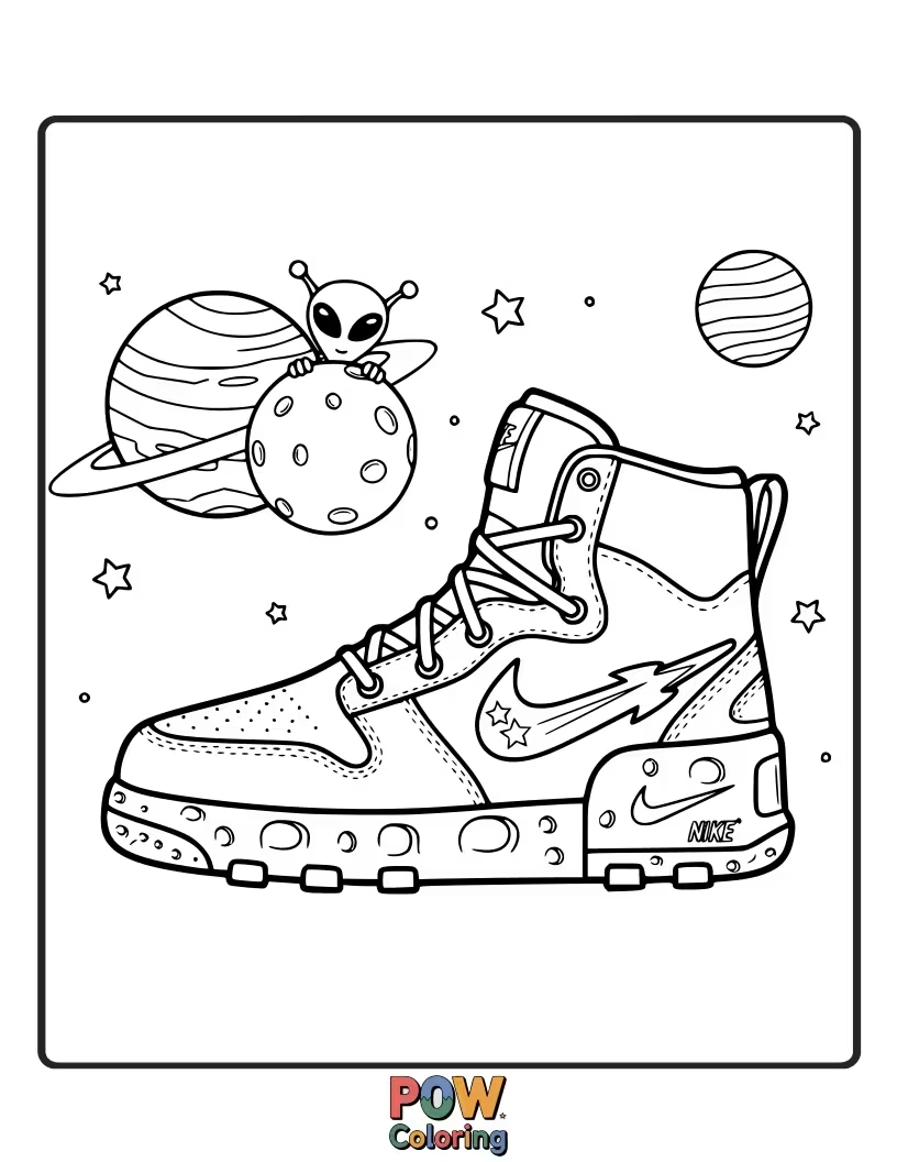 Free coloring page of A Nike shoe with rocket boosters and a friendly alien waving, ready to explore the galaxy.