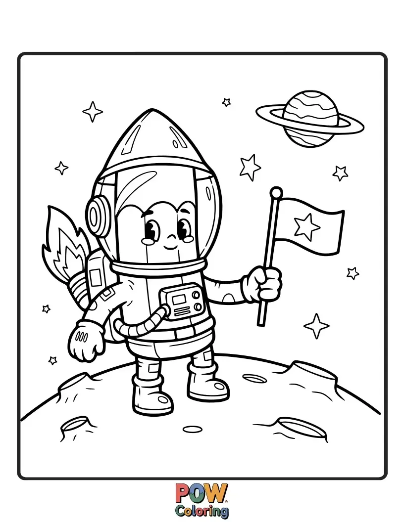 Free coloring page of A courageous pencil bravely navigating the cosmos, encountering friendly aliens and glowing planets. Blast off into creativity!
