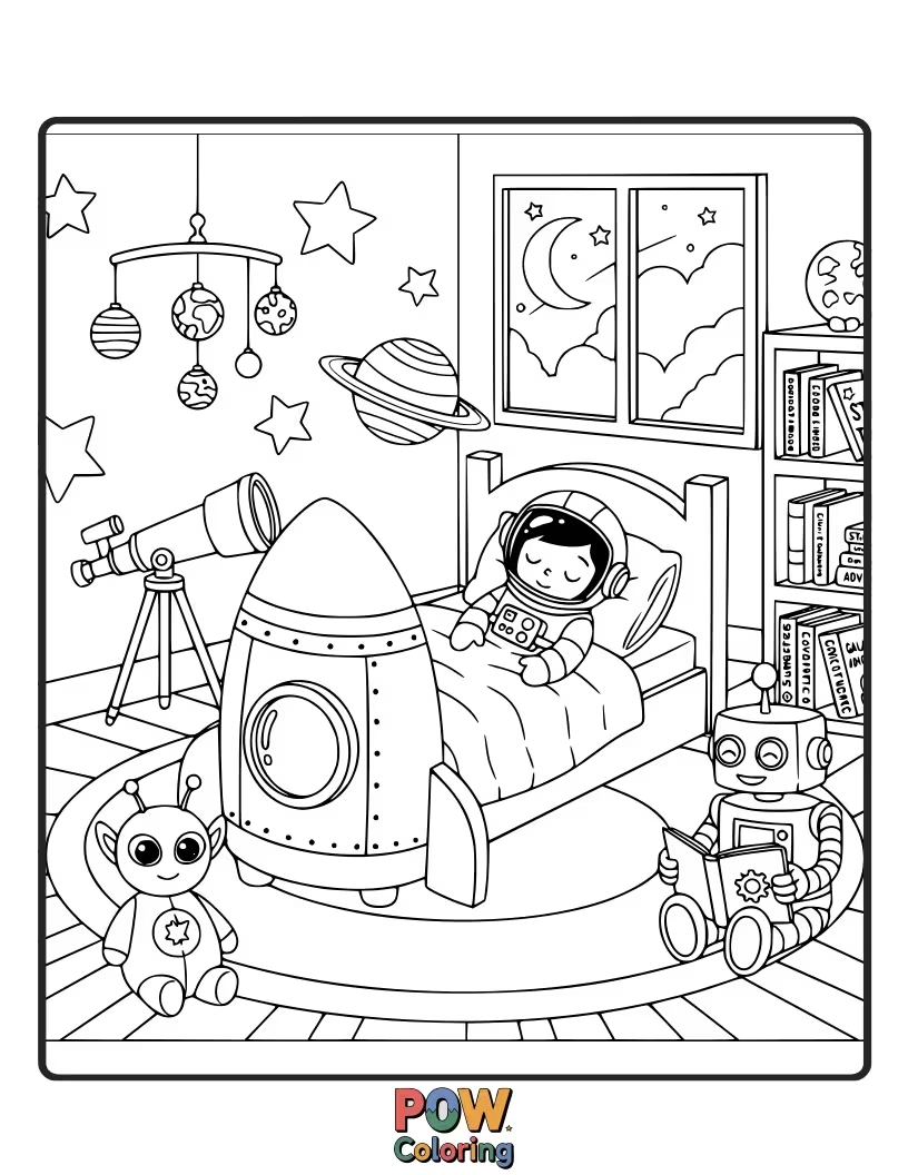 Free coloring page of Decorated with planets, rockets, and a telescope, this room is for the little astronaut ready for cosmic adventures.