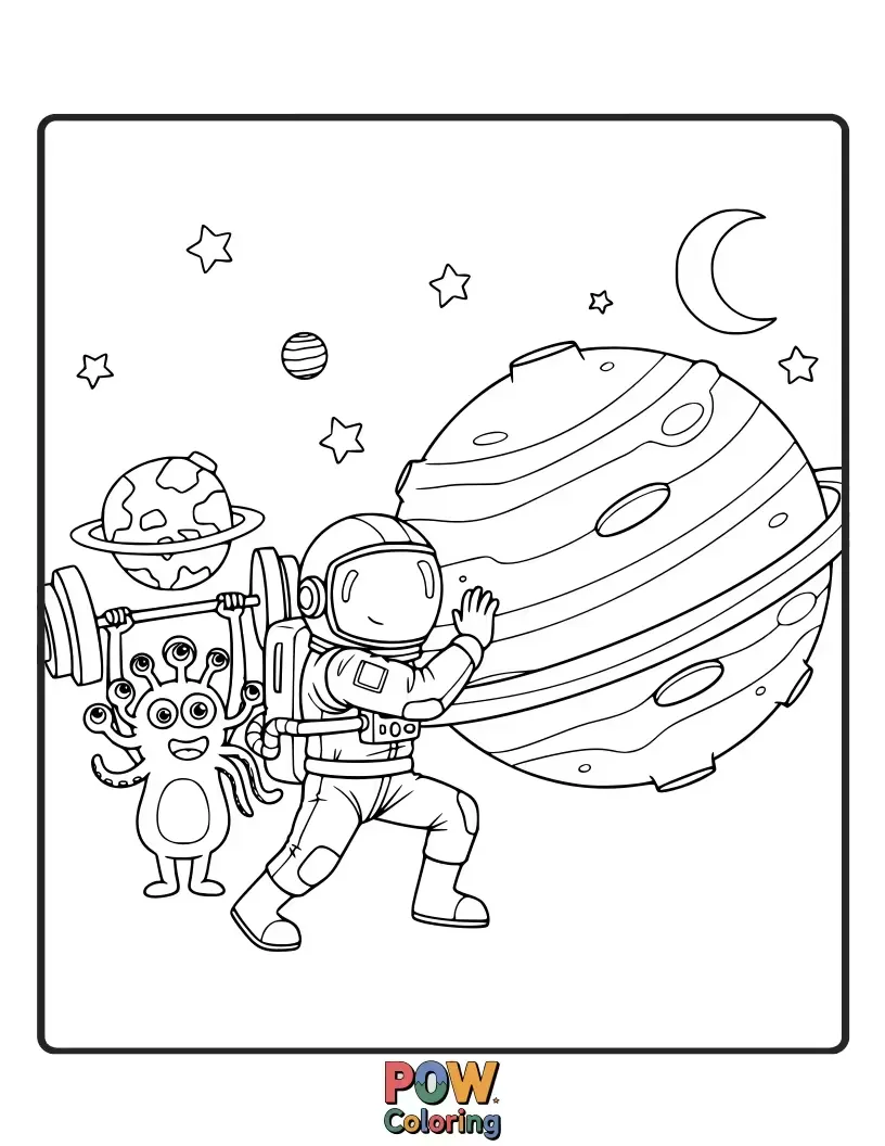 Free coloring page of An astronaut in a whimsical space suit doing zero-gravity squats on the moon, with Earth in the background.