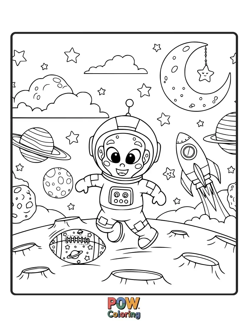 Free coloring page of An astronaut kicking a football on the moon, with planets and stars in the background. Out-of-this-world fun!